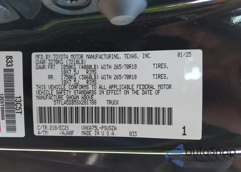 2025 Toyota Tundra Sr5 z USA, uszkodzony, nr VIN 5TFLA5DB5SX281788